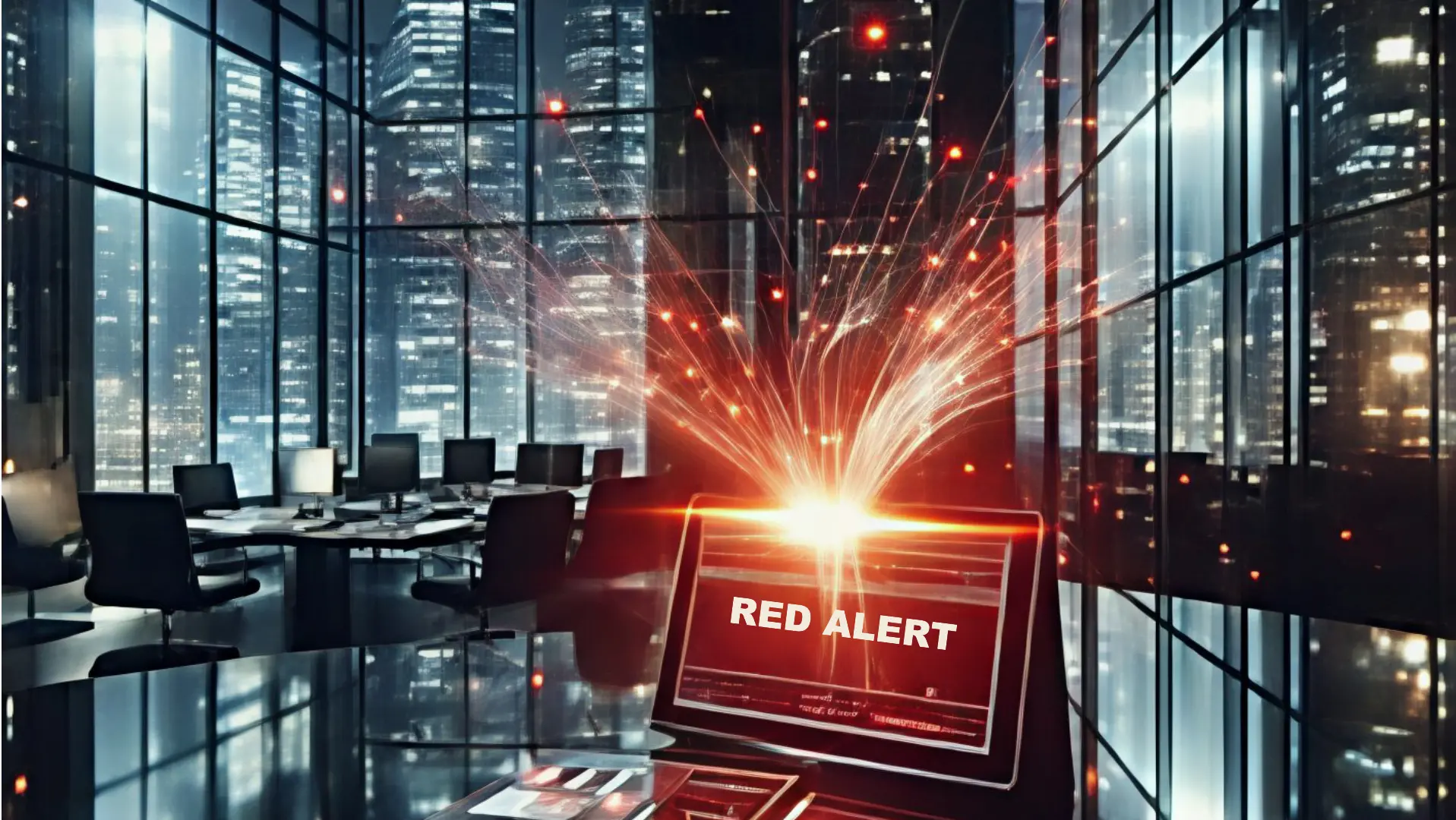 Autonomous AI agent security risk: A high-contrast view from 100 stories up inside an empty midnight skyscraper, where an open laptop on a desk emits violent, arcing electrical discharges while displaying a flashing bright RED ALERT screen, symbolizing autonomous AI session abuse.