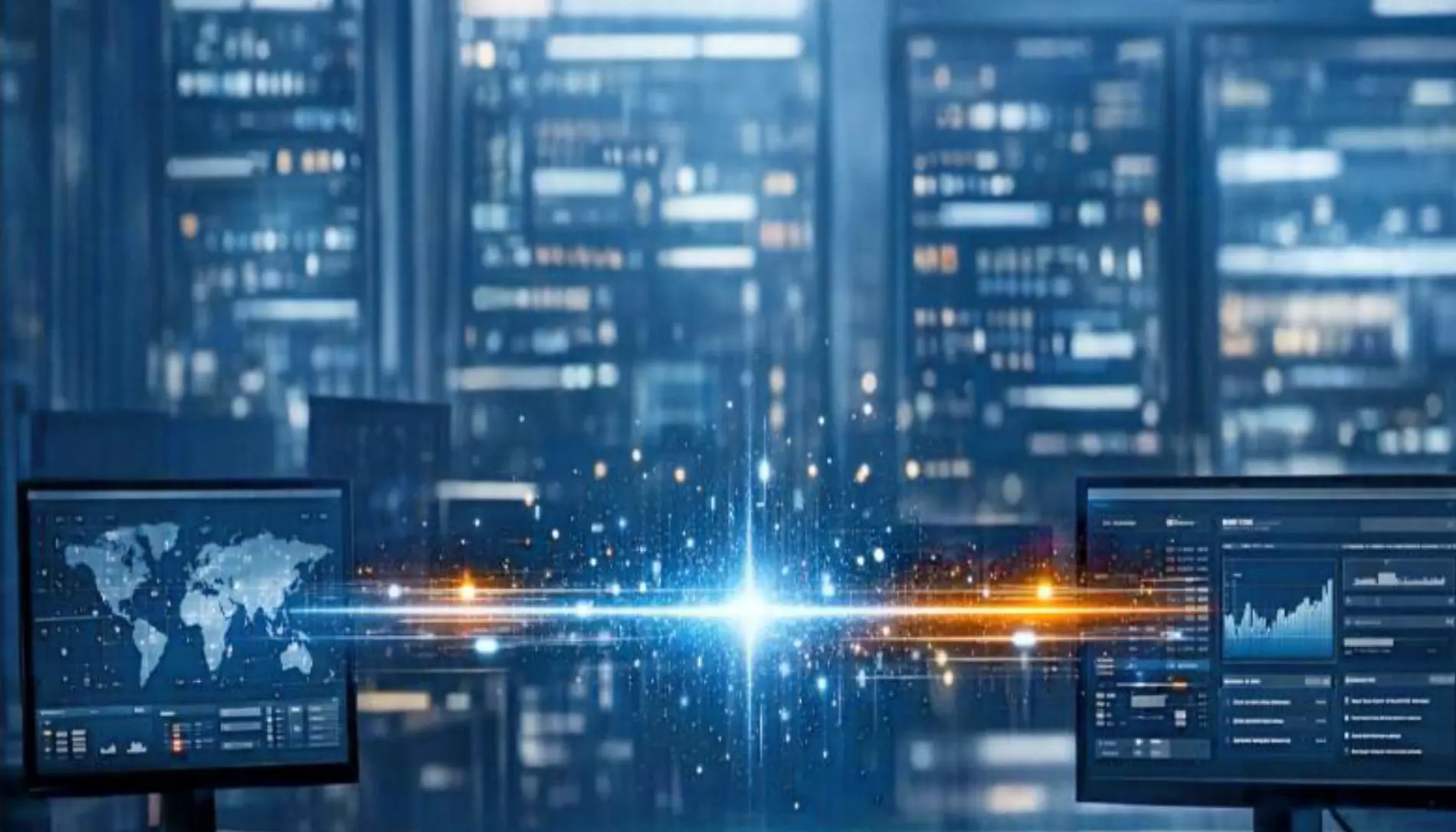 Agentic threat execution governance: A high-contrast network topology model inside a dark glass skyscraper showing two terminal laptops transferring global data to a local security panel, erupting into luminous particle bursts to visualize execution risks.