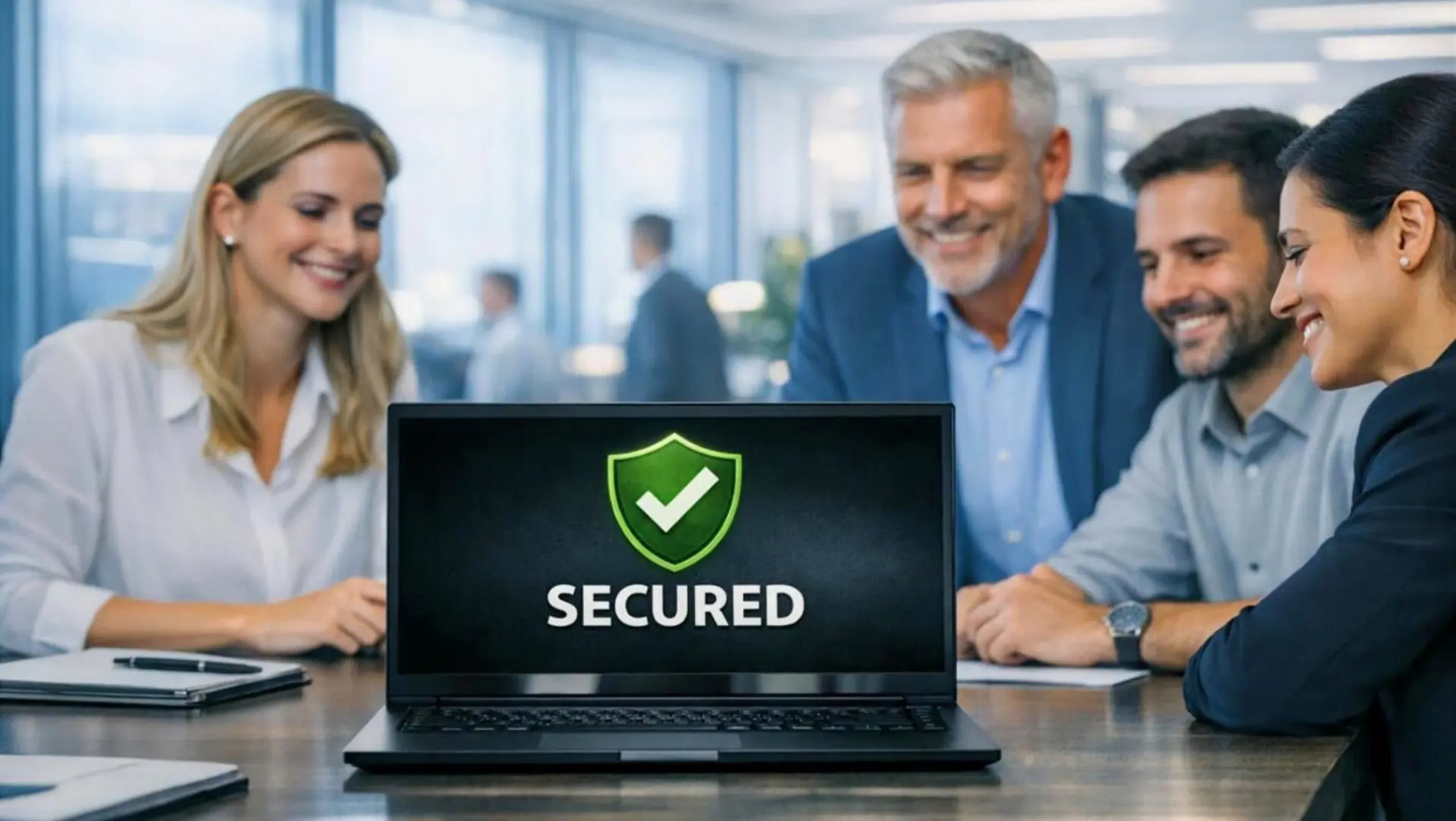 Secure AI agent adoption architecture: A bright daylight corporate office setting showing a collaborative enterprise team surrounding a central terminal workstation that displays a prominent green security shield checkmark badge to validate a fully protected operational network.